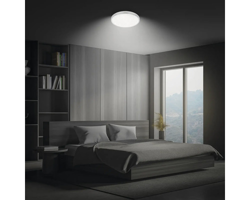 Schlafzimmer mit Bett, Regal, Fenster und runder Deckenleuchte