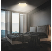 Schlafzimmer mit Deckenleuchte, Bett und Fensterfront