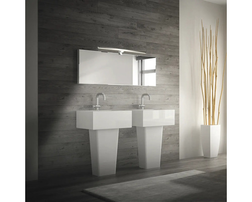 Badezimmer mit zwei Waschbecken, Spiegel und Dekoration