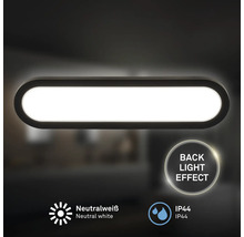 Ovale Lampe mit Hintergrundbeleuchtung, neutralweißem Licht und IP44 Schutzart.