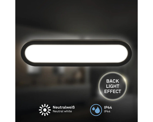 Ovale Lampe mit Hintergrundbeleuchtung, neutralweißem Licht und IP44 Schutzart.