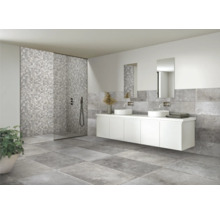 Modernes Badezimmer mit grauen Fliesen, Duschkabine und Waschbeckenunterschrank