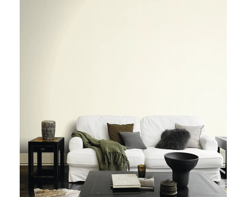 Salon avec canapé, table et éléments décoratifs devant un mur peint.