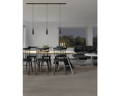 Salle à manger avec table, chaises, suspension et canapé