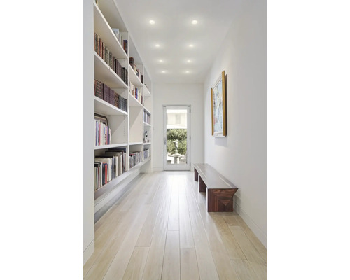 Heller Flur mit Bücherregal, Sitzbank und Holzboden