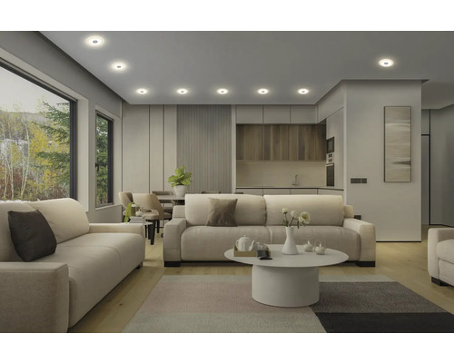 Heller Wohnraum mit Sofas, Couchtisch und Einbauspots