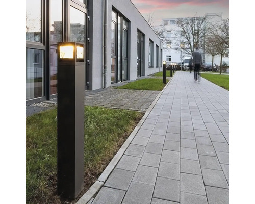 Beleuchtete Aussenleuchten säumen einen Fussweg