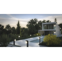 Maison moderne avec éclairage de jardin en soirée