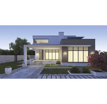 Vue d'une maison moderne avec jardin et chemin dallé