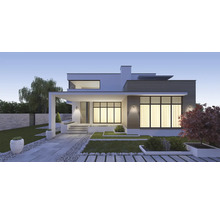 Façade de maison moderne avec jardin et éclairage