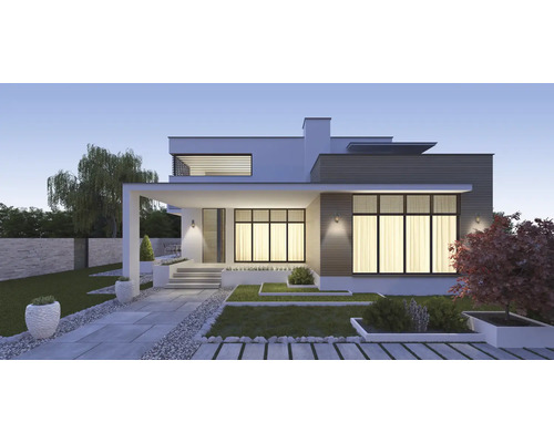 Façade de maison moderne avec jardin et éclairage