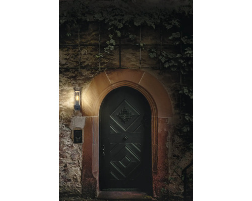 Eingangstür mit Aussenwandleuchte und Mauerwerk