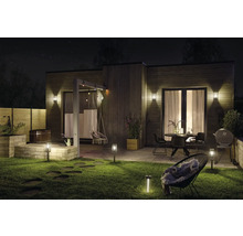 Jardin éclairé avec maison, terrasse, mobilier de jardin et bain à remous la nuit