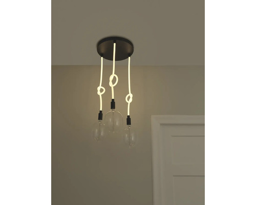 Deckenleuchte mit drei LED-Leuchten in Knotenform und Glühbirnen