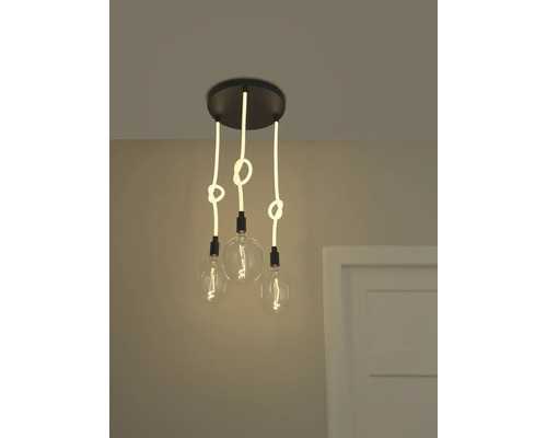 Pendelleuchte mit drei klaren Glühbirnen und dekorativen Knoten