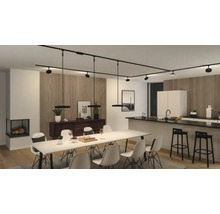 Espace de vie avec table à manger, chaises, kitchenette et système de rails noir avec spots et suspensions