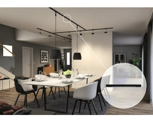 Salle à manger avec système de rails et suspensions