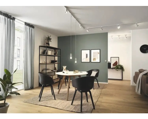 Espace de vie lumineux avec table de salle à manger, chaises, système d'étagères et éclairage