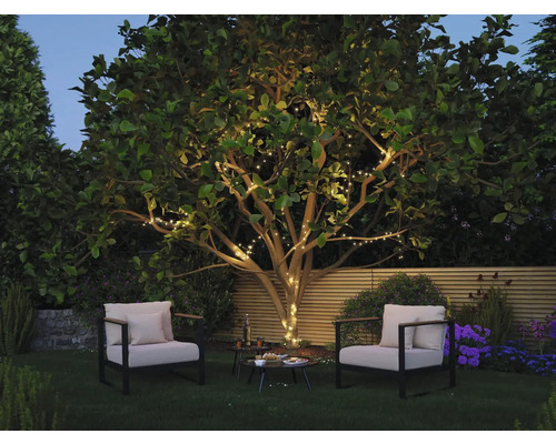 Arbre illuminé avec mobilier de jardin pour une ambiance chaleureuse dans le jardin