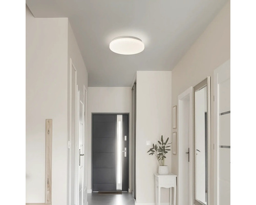 Couloir avec plafonnier rond et porte d'entrée