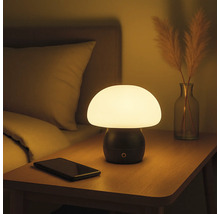 Pilzförmige Tischleuchte auf einem Nachttisch neben einem Bett