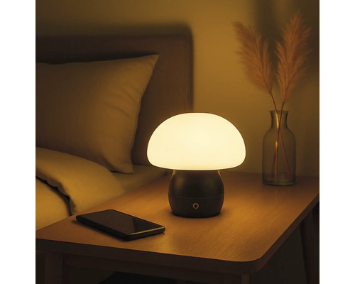 Pilzförmige Tischleuchte auf einem Nachttisch neben einem Bett