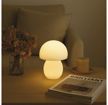 Pilzförmige Tischleuchte auf einem Nachttisch neben einer Zeitschrift und einer Vase mit Blumen.