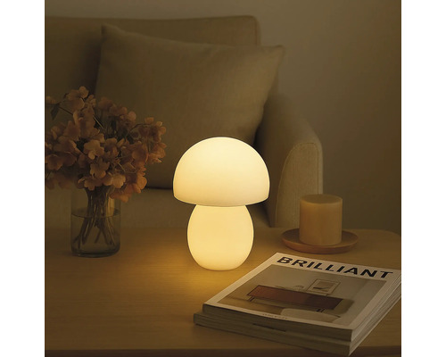 Pilzförmige Tischleuchte auf einem Nachttisch neben einer Zeitschrift und einer Vase mit Blumen.