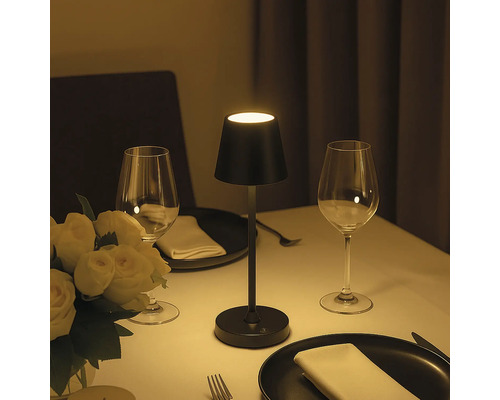 Dekorativer Tisch mit Tischleuchte, Geschirr und Blumenvase