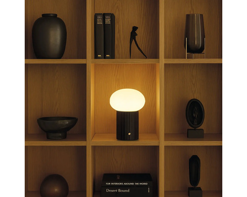 Regal mit Dekorationsgegenständen und einer Tischleuchte