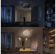 Image comparative d'un bureau avec un plafonnier, une fois avec une lumière tamisée et une fois avec une lumière vive.