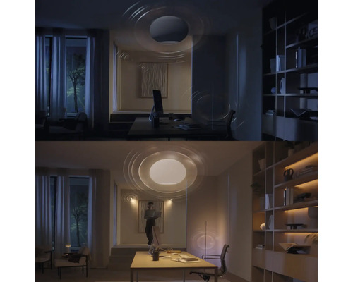 Vergleichsbild eines Arbeitszimmers mit Deckenleuchte einmal mit gedämmtem und einmal mit hellem Licht.