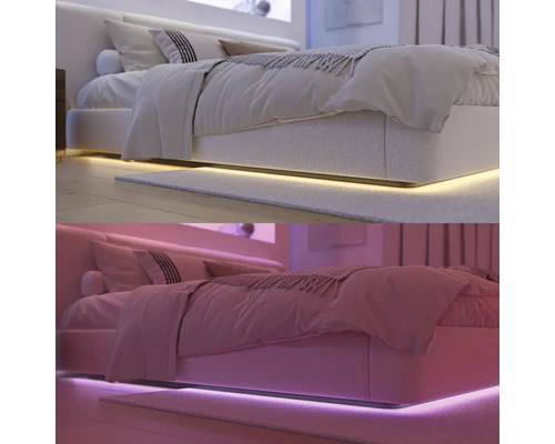 Bett mit indirekter Beleuchtung in zwei Farbmodi