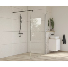 Salle de bains avec paroi de douche, robinetterie de douche et lavabo