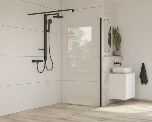 Salle de bain moderne avec douche à l'italienne, robinetterie de douche noire et lavabo