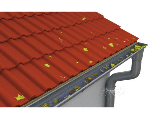 Dach mit Dachziegeln, Dachrinne und Laub