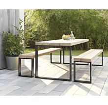 Scène de jardin avec table à manger et bancs en bois avec structure métallique