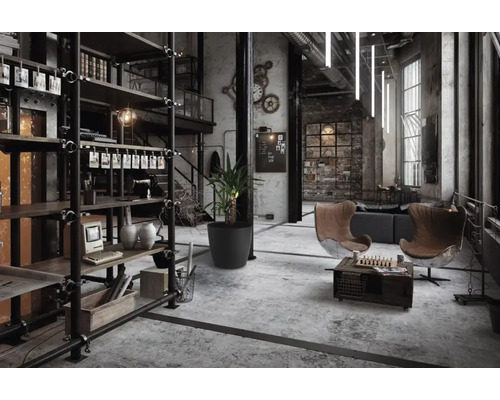Loft de style industriel avec étagères, sièges et décoration