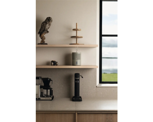 Helle Küche mit Regalen, Kaffeemaschine und Fenster