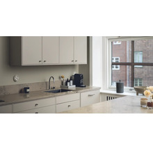 Scène de cuisine avec évier, robinet, armoires de cuisine et fenêtre