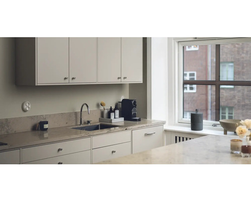 Scène de cuisine avec évier, robinet, armoires de cuisine et fenêtre