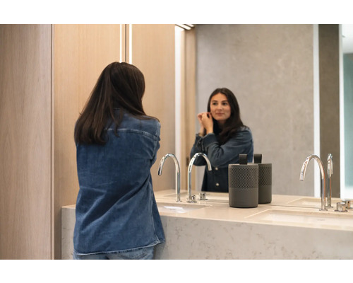 Salle de bains lumineuse avec double vasque, robinets et miroir