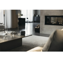Wohnzimmer mit Luftreiniger auf einem Tisch in der Nähe eines Kamins