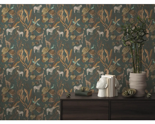 Tapete mit Dschungelmotiven mit Zebras, Giraffen, Leoparden und exotischen Blättern