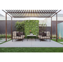 Terrasse mit Pergola, Sofas, Couchtisch und Pflanzenwand für einen entspannenden Aussenbereich.