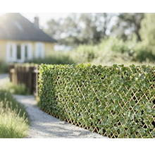 Brise-vue décoratif en treillis avec des feuilles artificielles dans le jardin.