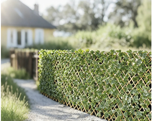 Brise-vue décoratif en treillis avec des feuilles artificielles dans le jardin.