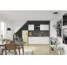 Heller Essbereich mit Tisch, Stühlen, Küchenzeile und Kühlgerät in einem geräumigen Interieur.