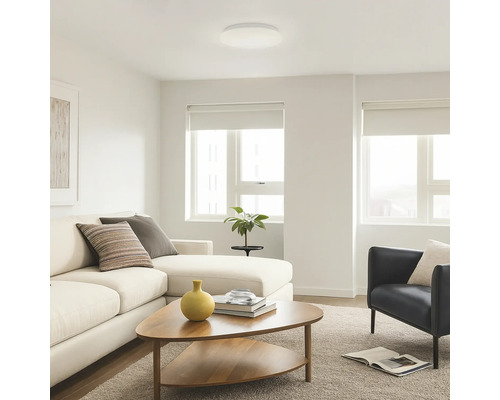 Vue lumineuse du salon avec canapé, fauteuil, table basse et plafonnier