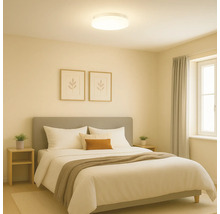 Chambre avec lit double et plafonnier rond